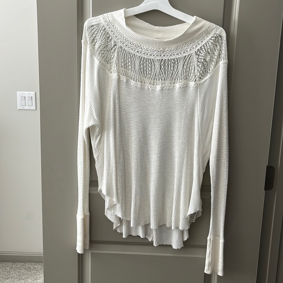 Free people white waffle knit long sleeve top with lace. Size Small - Picture 1 of 2